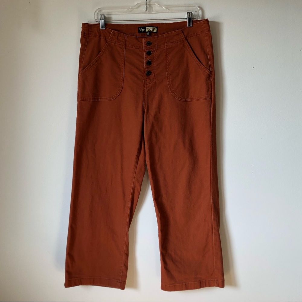 Button-fly crop jeans -burnt orange -Suzanne Betro -straight leg -size 14